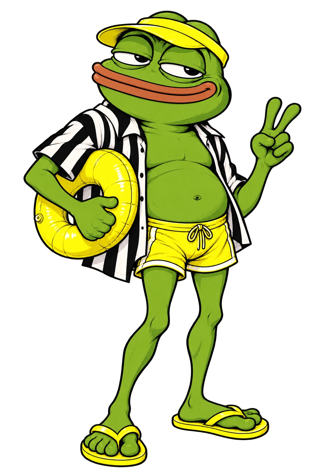 Flip Flop stands in yellow flip-flops and a striped shirt, making a peace sign with a yellow swim ring under his arm.