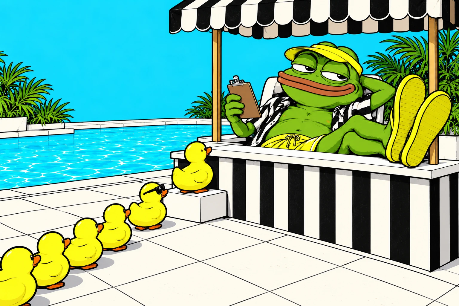 Flip Flop presides over a line of rubber ducks at his absurd poolside management desk.