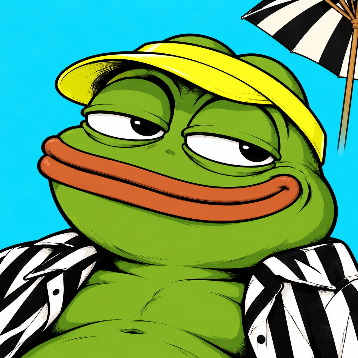 Square portrait of Flip Flop, a sleepy green frog with a broad orange mouth, yellow visor and striped shirt on a cyan background.